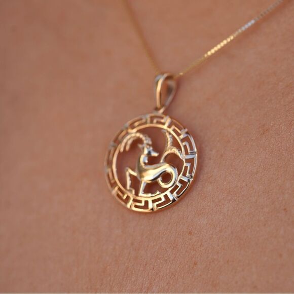 14K Solid Gold Round Capricorn Zodiac Sign Charm | Elegant Astrology Pendant | - Picture 7 of 13